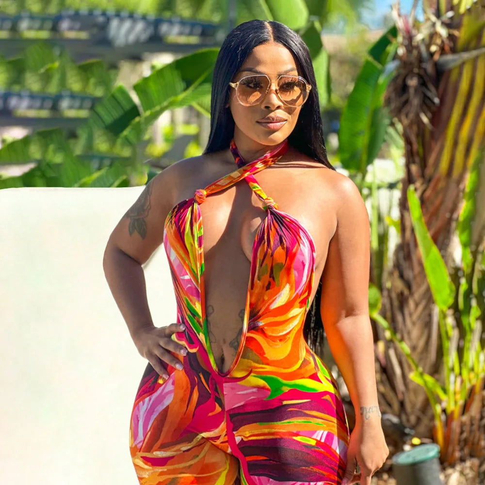 CM.YAYA Women Wide Leg V-neck Halter Sleeveless Print Jumpsuits 2024 Summer Night Club Street Playsuit One Piece Suit Rompers