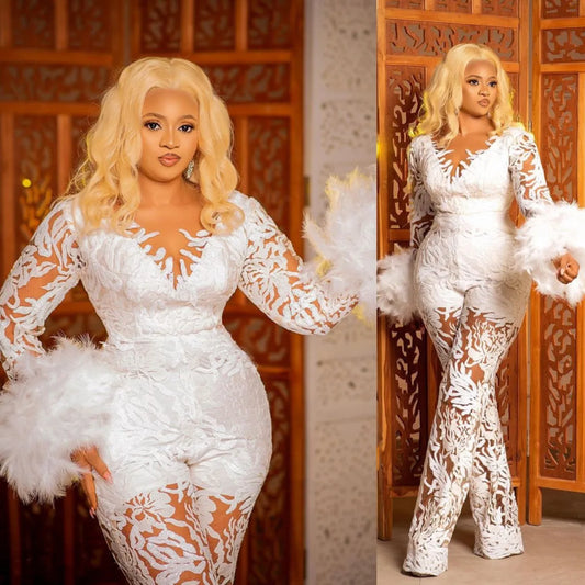 2024 Lace Jumpsuit Women's Evening Dresses Long Sleeve Feathers Party Celebrity Dress V Neck Customized Vestido de novia