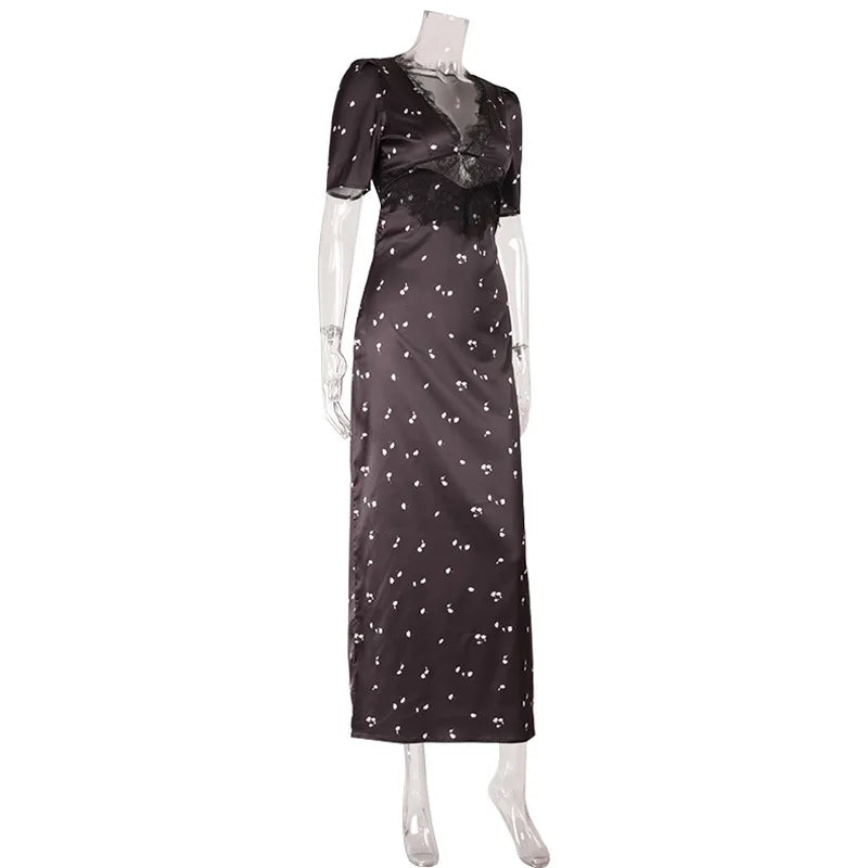 Polka Dot Backless Sexy Maxi Dress Women Gown Elegant Patchwork Lace Hollow out Deep V Neck Sleeveless Bodycon Club Party Dress