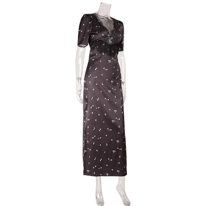 Polka Dot Backless Sexy Maxi Dress Women Gown Elegant Patchwork Lace Hollow out Deep V Neck Sleeveless Bodycon Club Party Dress