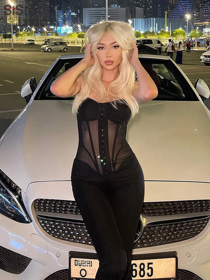 Sisterlinda Mesh Patchwork Hipster Jumpsuit Women Sleeveless Single-Breasted Elegant Sexy Midnight Workout Overalls Clubwear2024