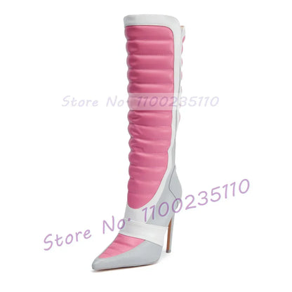Pink Colorblock Stiletto Mid Calf Boots Women Novelty Pointed Toe Side Zipper Shoes Female Streetwear High Heels Biker Boots