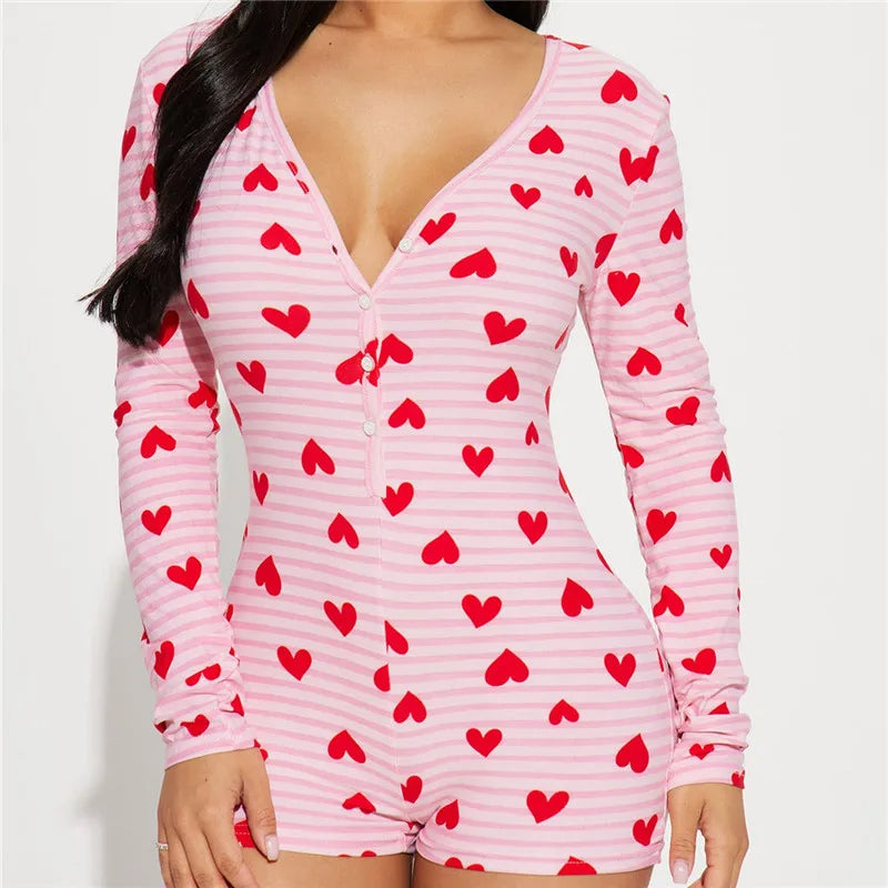 Women Valentines Day Jumpsuit Pajama Romantic Heart Print Long Sleeve V Neck Button Front Shorts Romper Fitted Sleepwear