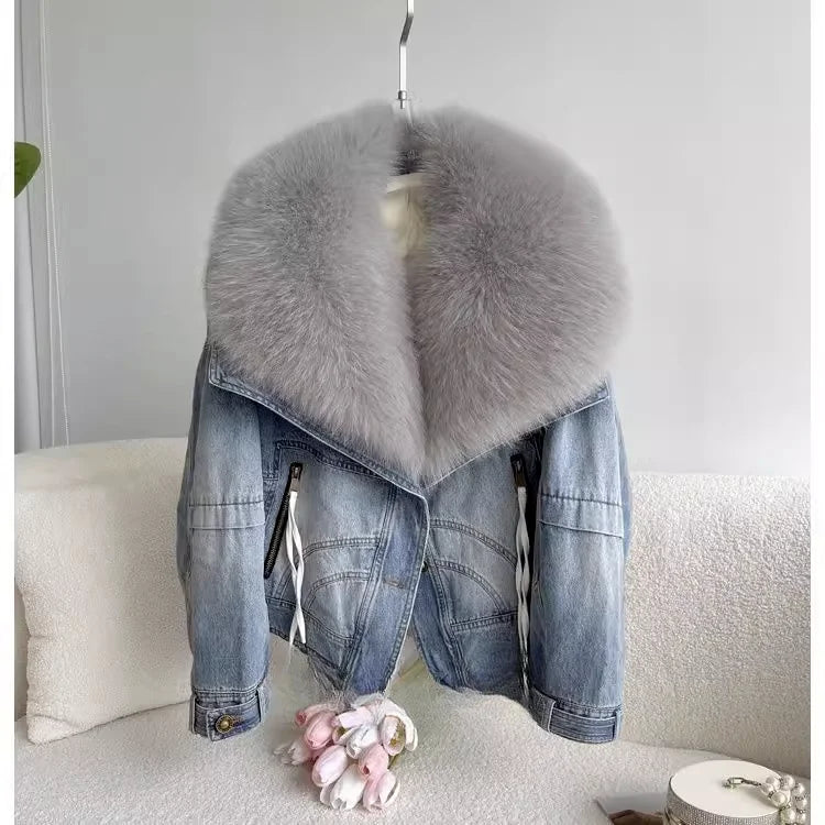 Winter Thickened Short Denim Jacket Fashion  Parkas Jeans Jacket Luxury Fur Coat Removable Fur Collar Cotton Jacket New