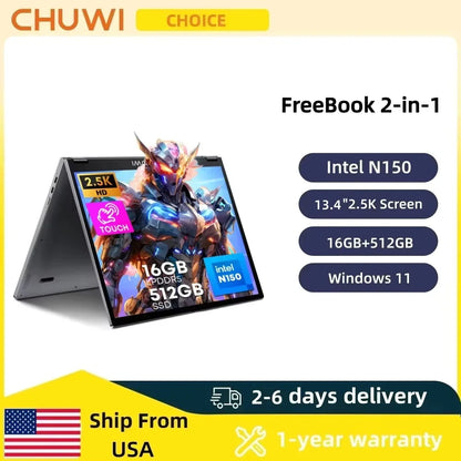CHUWI FreeBook 2-in-1 Laptop IntelN150 13.4'' Touch 2.5K Screen 16GB LPDDR5 RAM 512GB SSD WiFi6 BT5.2 Convenient Office Notebook