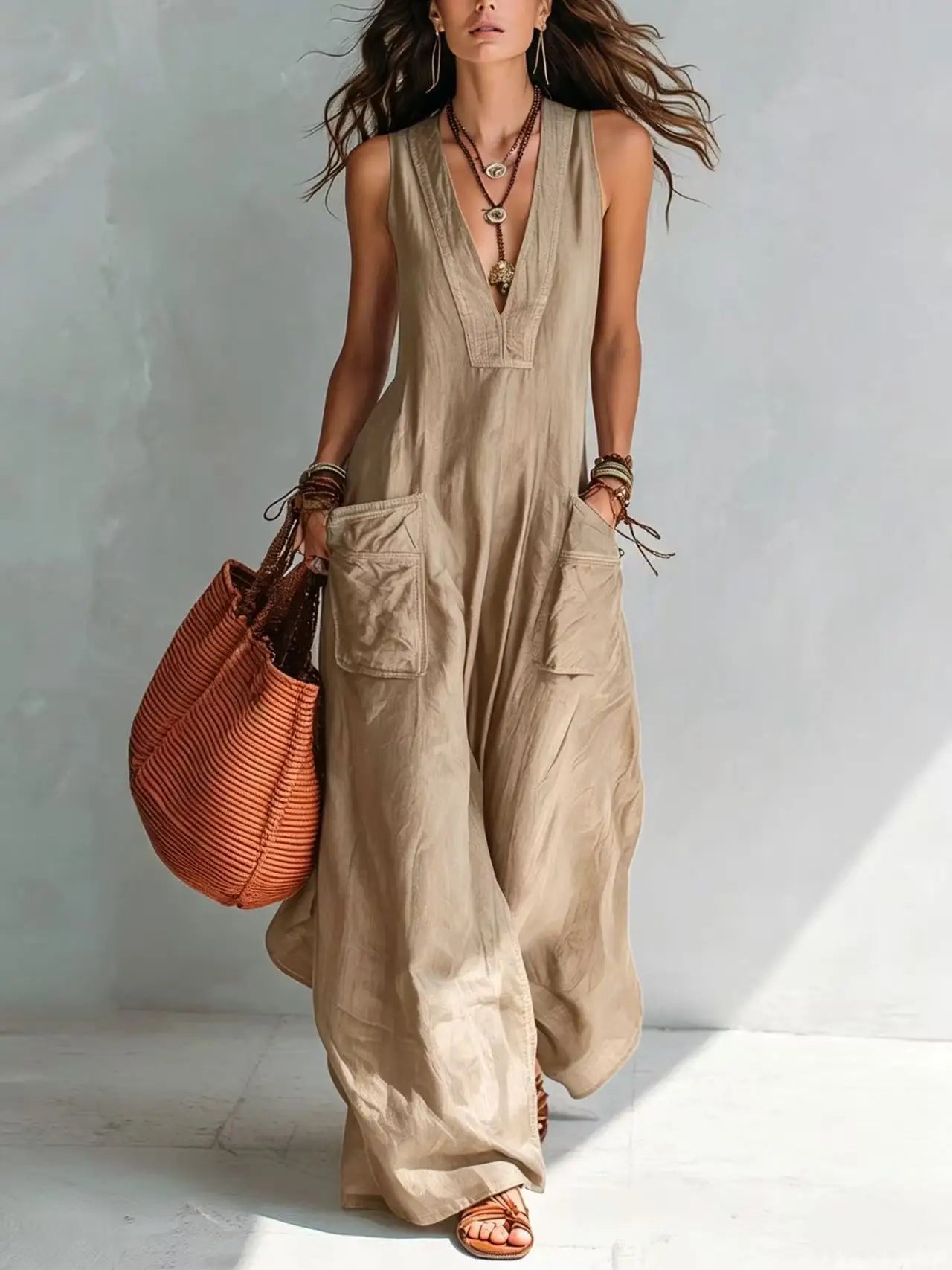 Summer Sleeveless Cotton Linen Jumpsuit Women V Neck Loose Wide Leg Pants Double Pocket Jumpsuit Casual Commuting Bodysuits