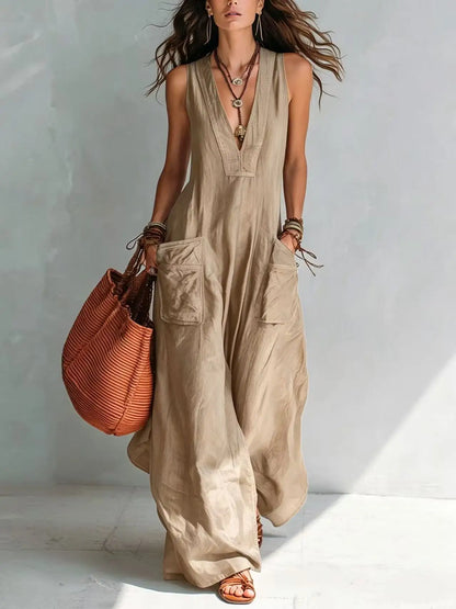 Summer Sleeveless Cotton Linen Jumpsuit Women V Neck Loose Wide Leg Pants Double Pocket Jumpsuit Casual Commuting Bodysuits