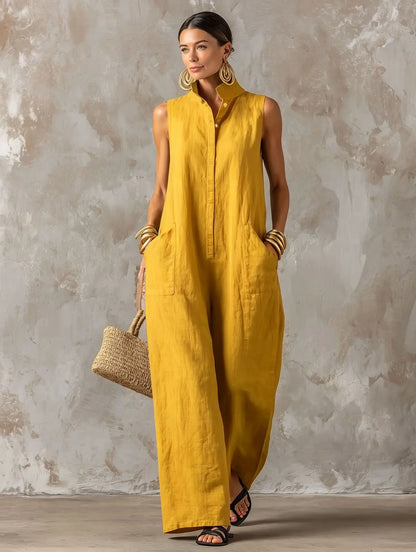 Elegant Women's Sleeveless Linen Blend Jumpsuit Button Down Collared Romper Casual Loose Summer Beach Vacation Boho Jumpsuits