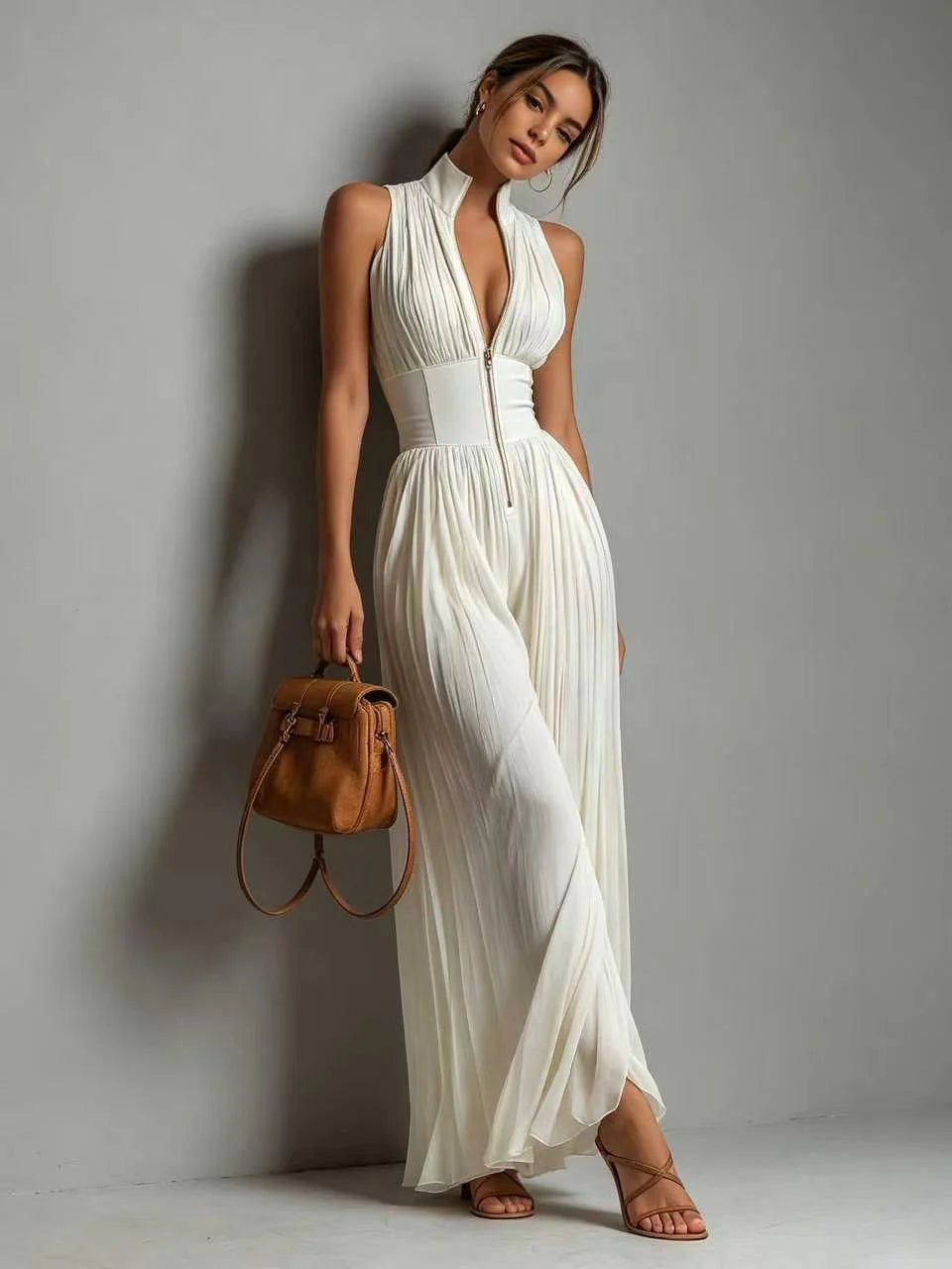 Sleeveless Pleated Wide Leg Jumpsuit Stand Collar Front Zipper Deep V Flowy Chiffon Pant Romper Women Elegant Formal Outfit