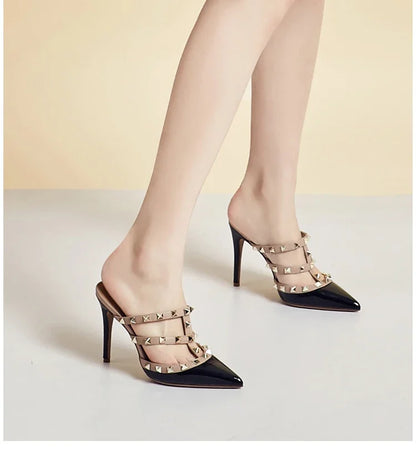 Women's sandals luxury Brand Shoes Woman 2025 trend Ankle Strap Summer Rivets High Heels Slippers Design Pointed Toe Sexy party