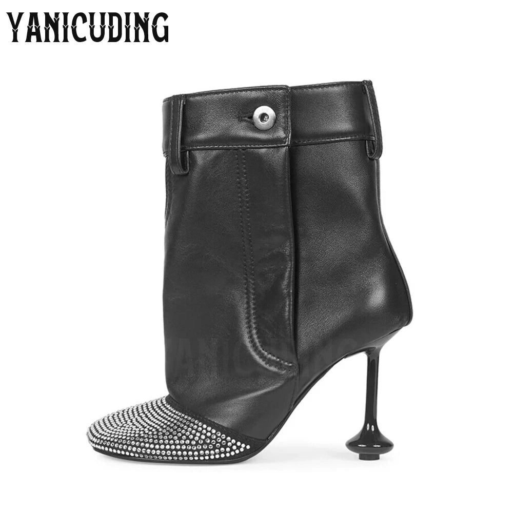 Rhinestone Pocket Booties Novelty Designer Style Strange Heel Ankle Boots Soft Leather Luxurious Bling Bling Booties for Women