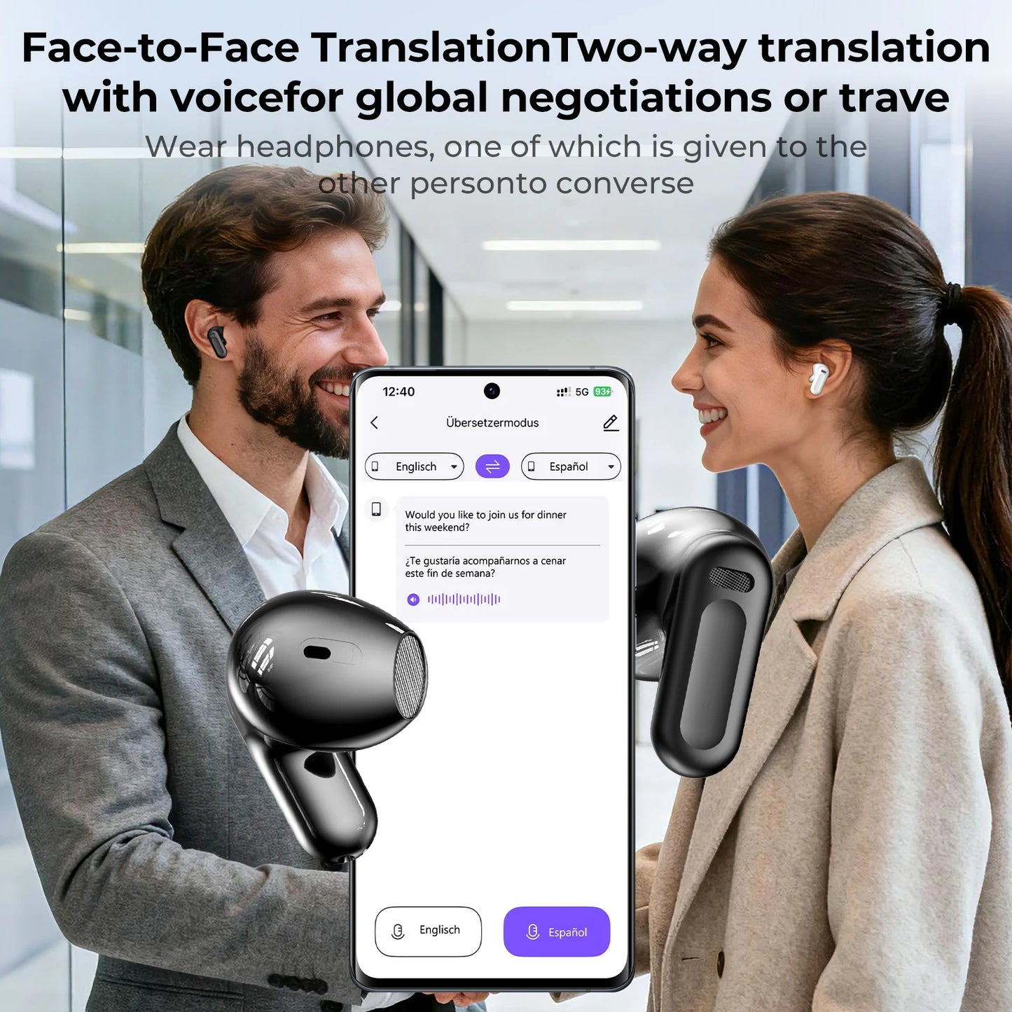 HTC NE20 AI Translation Earbuds - ANC Noise Cancelling, Touch Screen, 135 Lang. Support, Business Conference, Travel Headphones