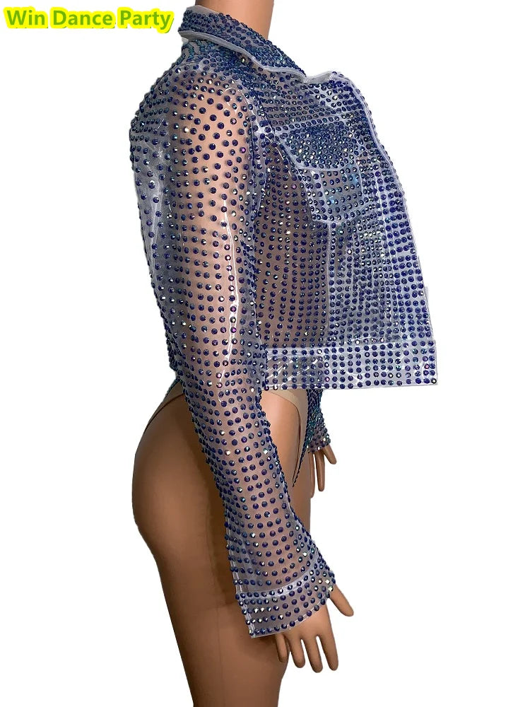 Mesh Fluorescent Full Diamond Slim Fit Hip Wrapped Jumpsuit Jacket Singer Model Nightclub Bar Performance Costume