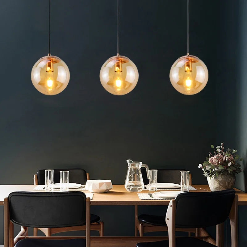 Modern Simple Glass Chandelier Bar Counter Restaurant Gold Hanging Lights Silver Metal Amber Ashtray Ball Glass Suspension Lamp