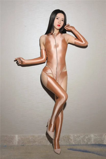 Sexy Women Hollow Out High Cut Bodysuit Oil Glossy Shiny Dance Tights Wet Look Yoga Shaping Leotard  Elastic Bodycon Rompers