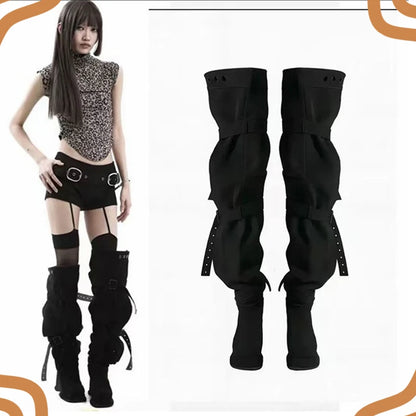 Fashion Model Women's Shoes Punk Style Buckle Over The Knee Boots for Woman Exquisite Platform Boots Designer Shoes Botas Mujer
