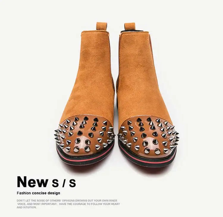 New Brown Men Chelsea Boots Flock Rivet Square Toe Red Sole Punk Handmade Men Short Boots  Bottes Pour Hommes