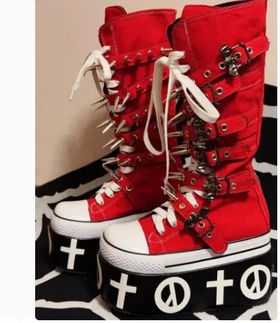 Canvas Patchwork Round Toe Belt Buckle Platform Knee-High Women Boots Height Increasing Sole Lace Up Design Large Size Shoes