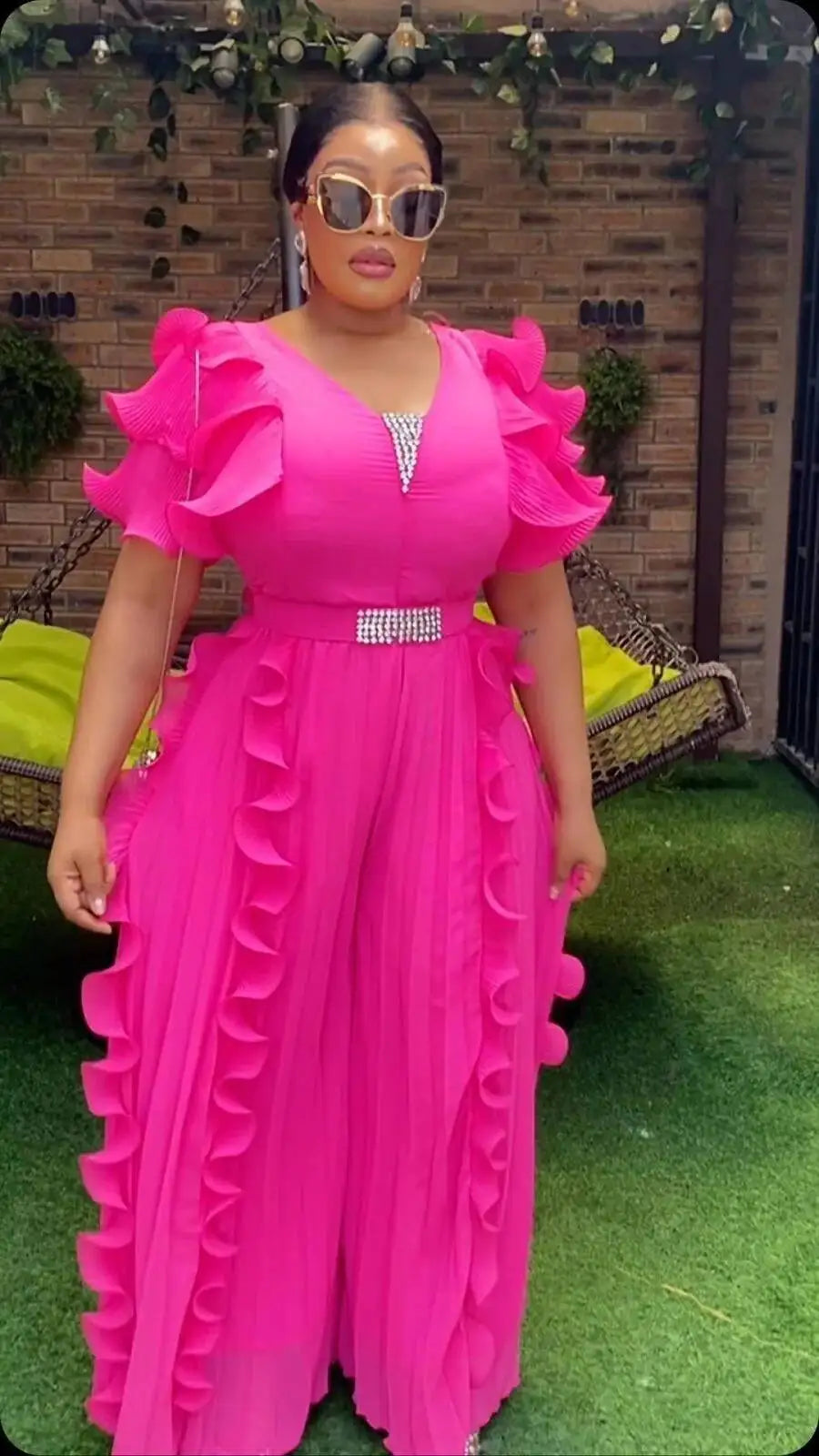 Plus Size Women V-neck Ruffle Jumpsuit White Ruffle Chiffon Wide-leg Rhinestone Belt Pleated Summer Elegant Casual Party Outfit