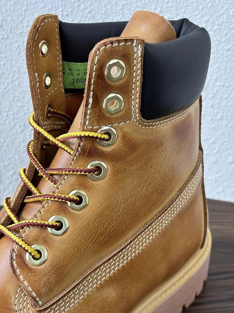 Men Handmade Vintage Cowskin Genuine Leather Ankle Boots Lace Up Spring Autumn Cargo High Top Shoes Mens Motorcycle Short Boots