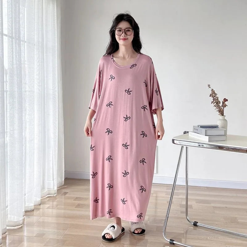 150kg Plus Size Summer Lazy Short Sleeve Long  T-Shirt Dress Korean Oversized Loose Nightgown Maternity Sleepwear Home Clothes