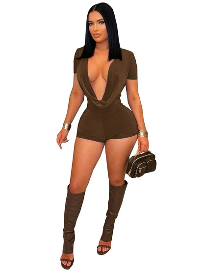 2026 Spring New Ruched Deep V Bodycon One Piece Rompers Women Short Sleeve Slim Jumpsuits Sexy Baddest Solid Color Overalls