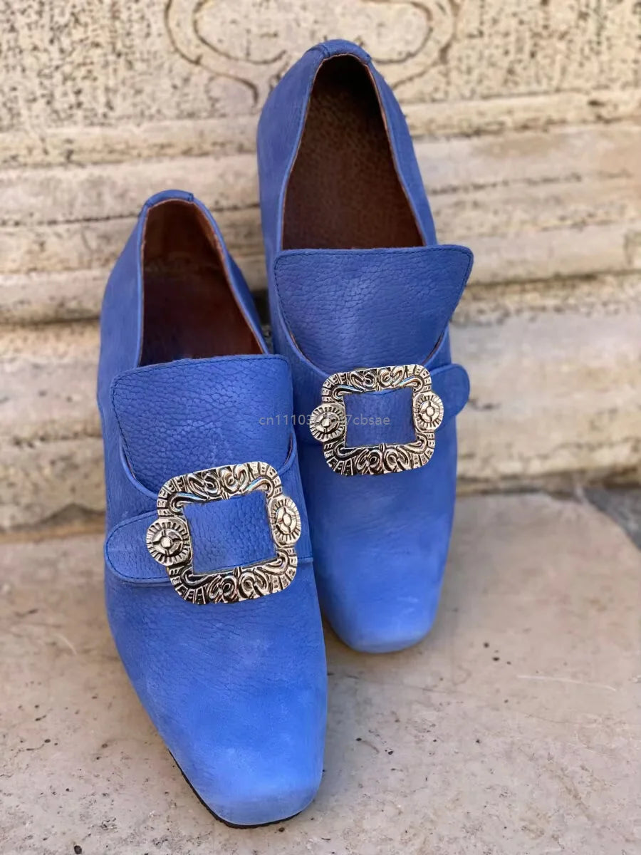 Vintage Medieval Renaissance Frock Shoes Unisex Block Heels With Buckle Boot Halloween Cosplay Costume Party Historical Footwear
