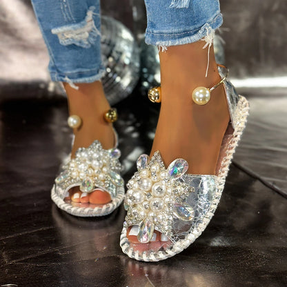 Aphixta New Gold Crystal Flower Flat With Sandals Women Summer Round Toe Shoes Outdoor Soft Sole Bling Slides Big Size 43