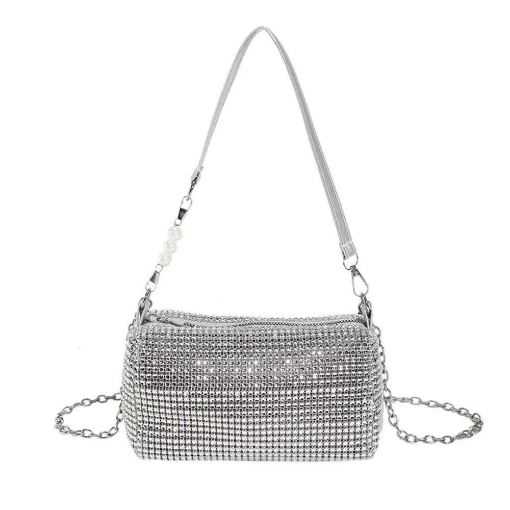Allover Rhinestone Bucket Bag Waterproof Lightweight Women Crossbody Bag Mini All-match Glitter Chain Prom Purse for Ladies