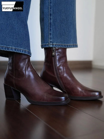Elegant Office Ladies Chunky Heels Genuine Leather Short Boots Square Toe New Designer Shoes Women Vintage Cowhide Ankle Boots