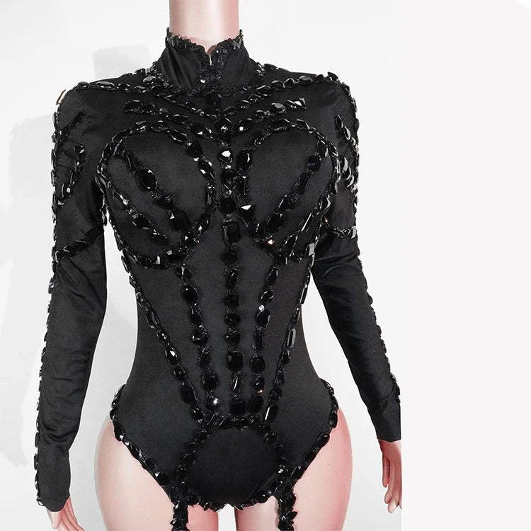 Drag Queen Outfit Sparkly Black Hollow Sexy 2 Piece Crystal Women Evening Prom Celebrate Birthday NightClub Performance Costume