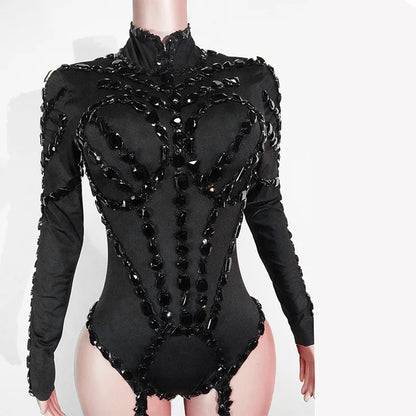 Drag Queen Outfit Sparkly Black Hollow Sexy 2 Piece Crystal Women Evening Prom Celebrate Birthday NightClub Performance Costume