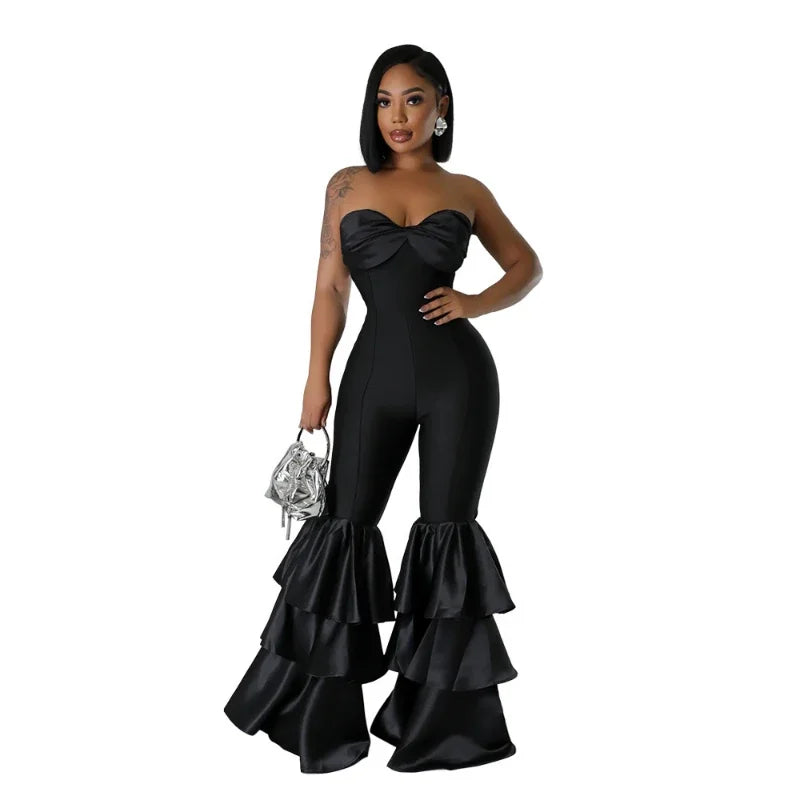 Jumpsuits Strapless Women Sleeveless Sexy Rompers One Piece Overalls Slim Fit Long Pant Ruffles Patchwork Elegant Lady