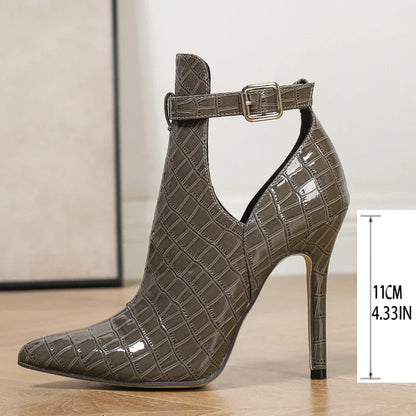 Aneikeh Spring Stone Patterned Fabric High-heeled Hollow Sandals Ankle Boots  Pointed Toe Metal Buckle Shoes Modern Short Botas
