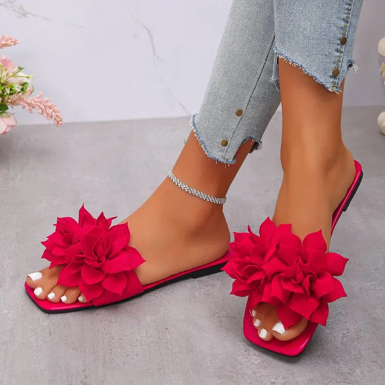 Women Flat Slippers 2026 Summer New Solid Color Sandals Flowers Open Toes Slippers Casual Fashionable Beach Shoes Slides Women