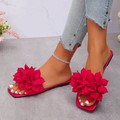 Women Flat Slippers 2026 Summer New Solid Color Sandals Flowers Open Toes Slippers Casual Fashionable Beach Shoes Slides Women