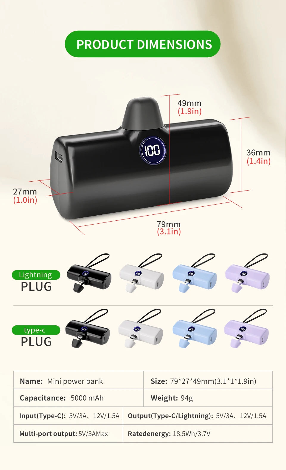 Fast Charging Power Bank Portable Charger External Battery Pack for iPhone Android LED Digital Display 5000mAh Mini Powerbank