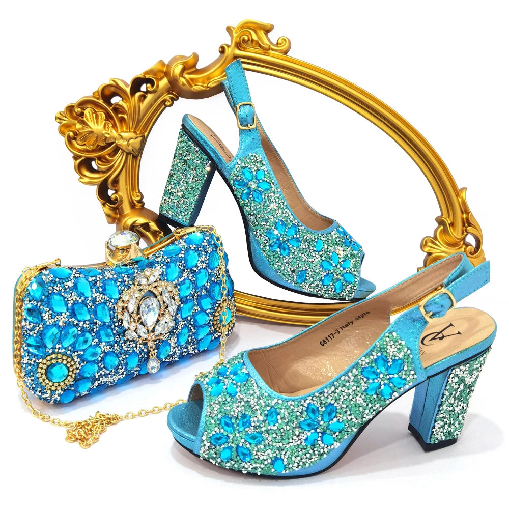 Summer Italian Latest Design Ladies Luxury Rhinestone High Heel Shoes and Bag Set To Go To Wedding Christmas Party Wear