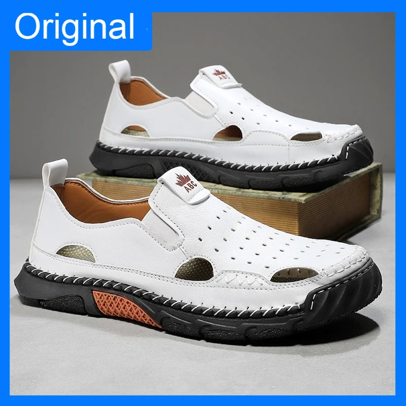 Mens Sandals New Comfortable Slip-on Casual Footwear Plus Size Elastic Soft Sole Lightweight Handmade Leather Walking Sandals