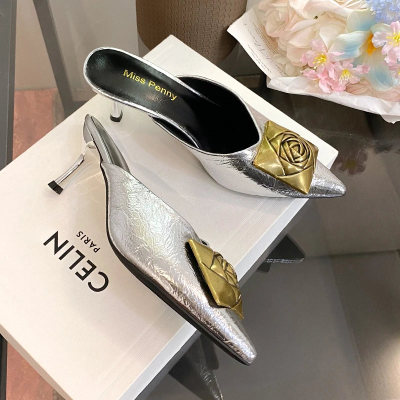 Women High Heels Slippers Summer New Luxury Fashion Gold Flower Decoration Modren Sandals Ladies Pointed Toe Mules Shoes Slides
