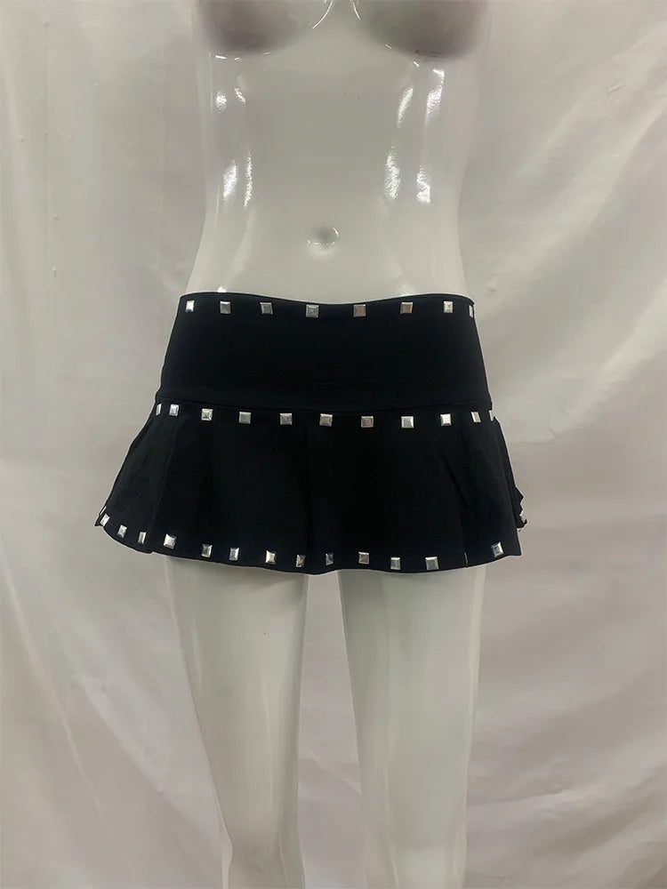 Summer Women Gothic Alt Streetwear Silver Square Rivet Trim Solid Black Ruffle Hem Low Waist Micro Mini Skirt