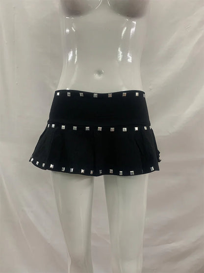Summer Women Gothic Alt Streetwear Silver Square Rivet Trim Solid Black Ruffle Hem Low Waist Micro Mini Skirt
