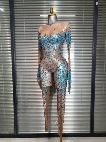 Women Sexy Crystal Sheer Blue Silver Skin Bodycon Jumpsuit Celebrity Designer Shinning Dancer Night Club Rompers Gloves