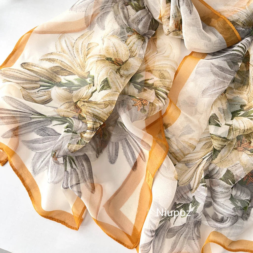 Gradient Lily Print Pretty Women Elegant Chiffon Georgette Bandana Scarf Summer Beach Sunscreen Thin Shawl