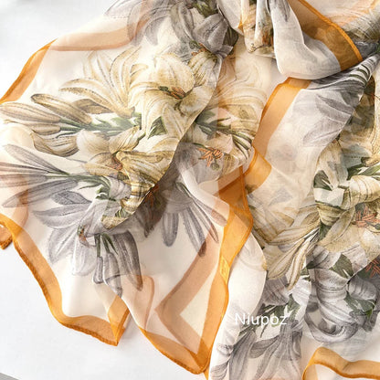 Gradient Lily Print Pretty Women Elegant Chiffon Georgette Bandana Scarf Summer Beach Sunscreen Thin Shawl