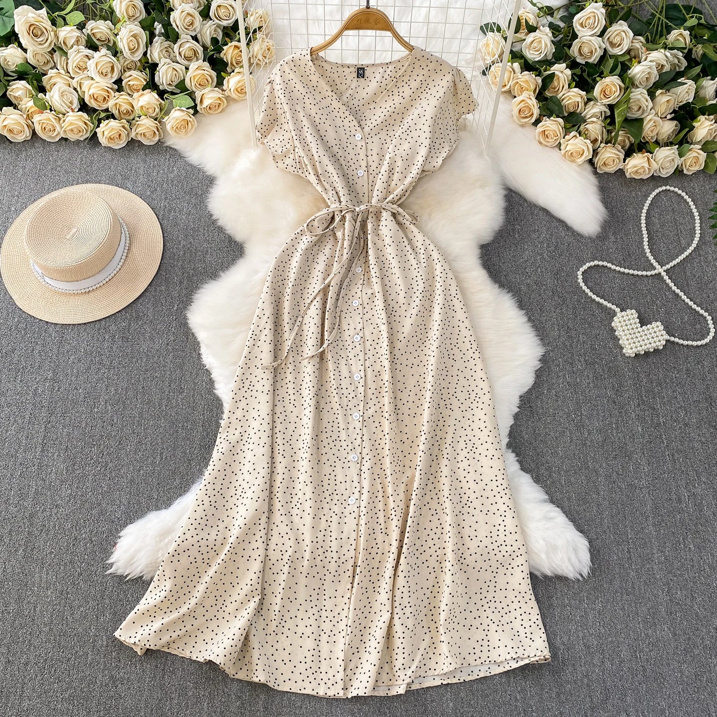Summer Women Polka Dot Long Dress Vintage V-Neck Flying Sleeve High Waist Single Breasted A-Line Casual Vestidos Female Robe New