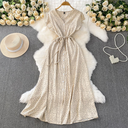 Summer Women Polka Dot Long Dress Vintage V-Neck Flying Sleeve High Waist Single Breasted A-Line Casual Vestidos Female Robe New