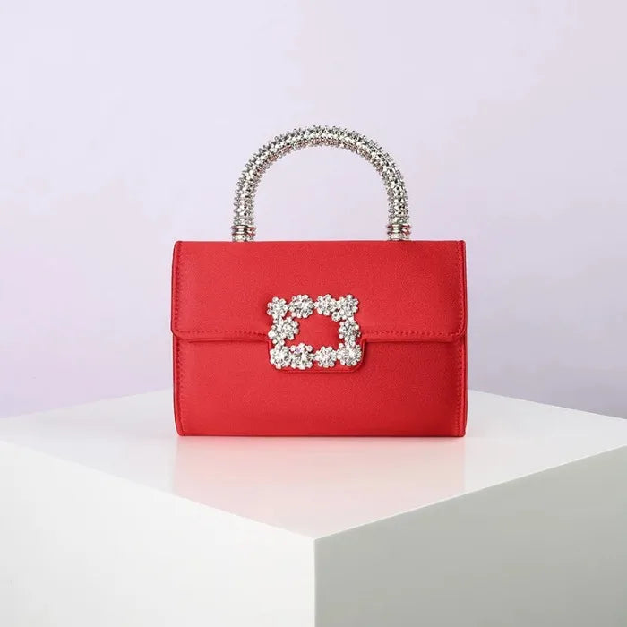 Rhinestone Faux Silk Emerald Evening Bag Silver Diamond Buckle Handle Fashion Handbags Elegant Ladies Square Bolsa Feminina