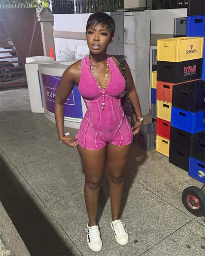 Casual Front Zipper Bodycon Rompers for Woman Short Playsuit Sleeveless Striped Sporty Fitness Workout One Piece Jumpsuit Shorts