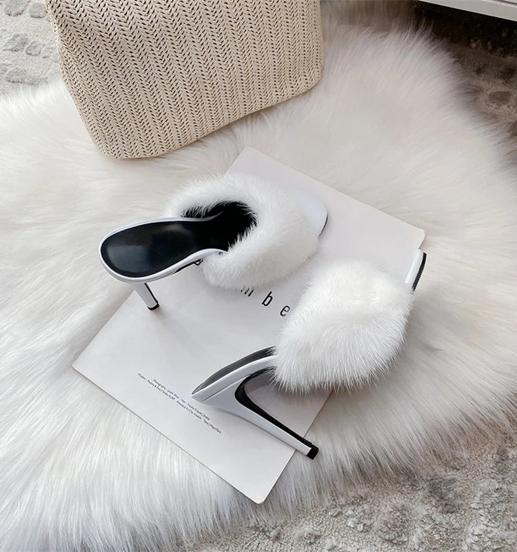 Mink fur high heels for women, slim heels, summer new style, open toe slippers, sexy fish mouth leather party sandals for women